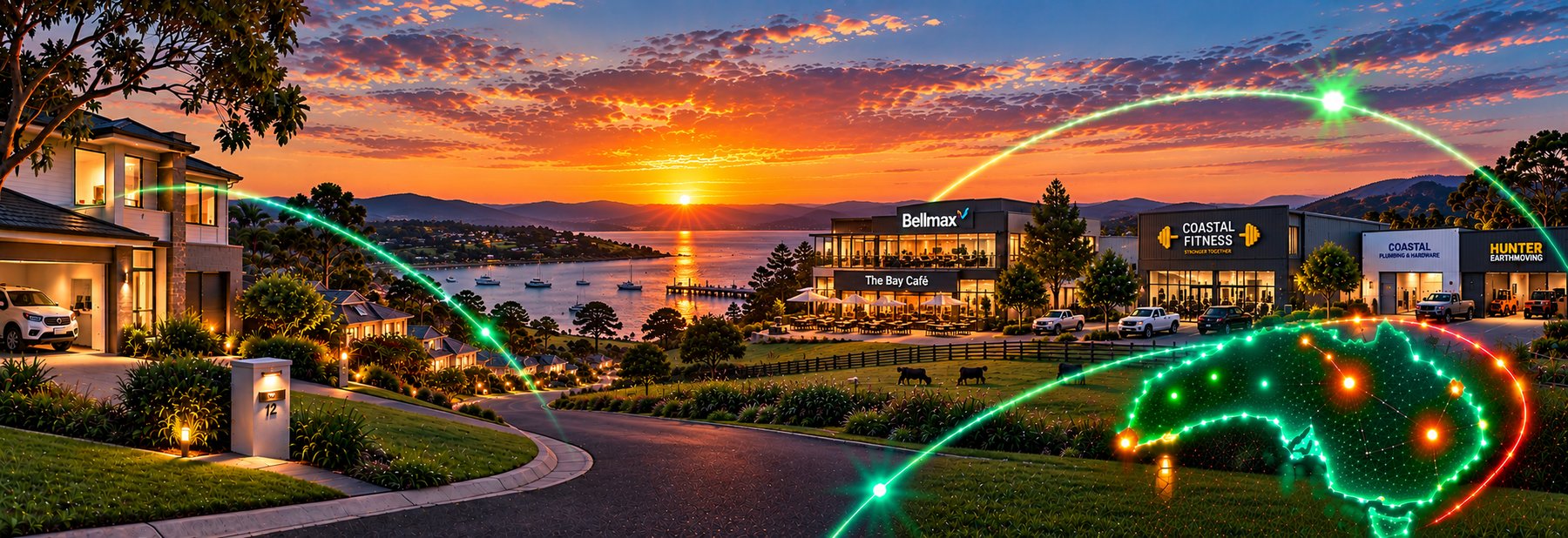 A Central Coast community at sunset, connected by Bellmax technology